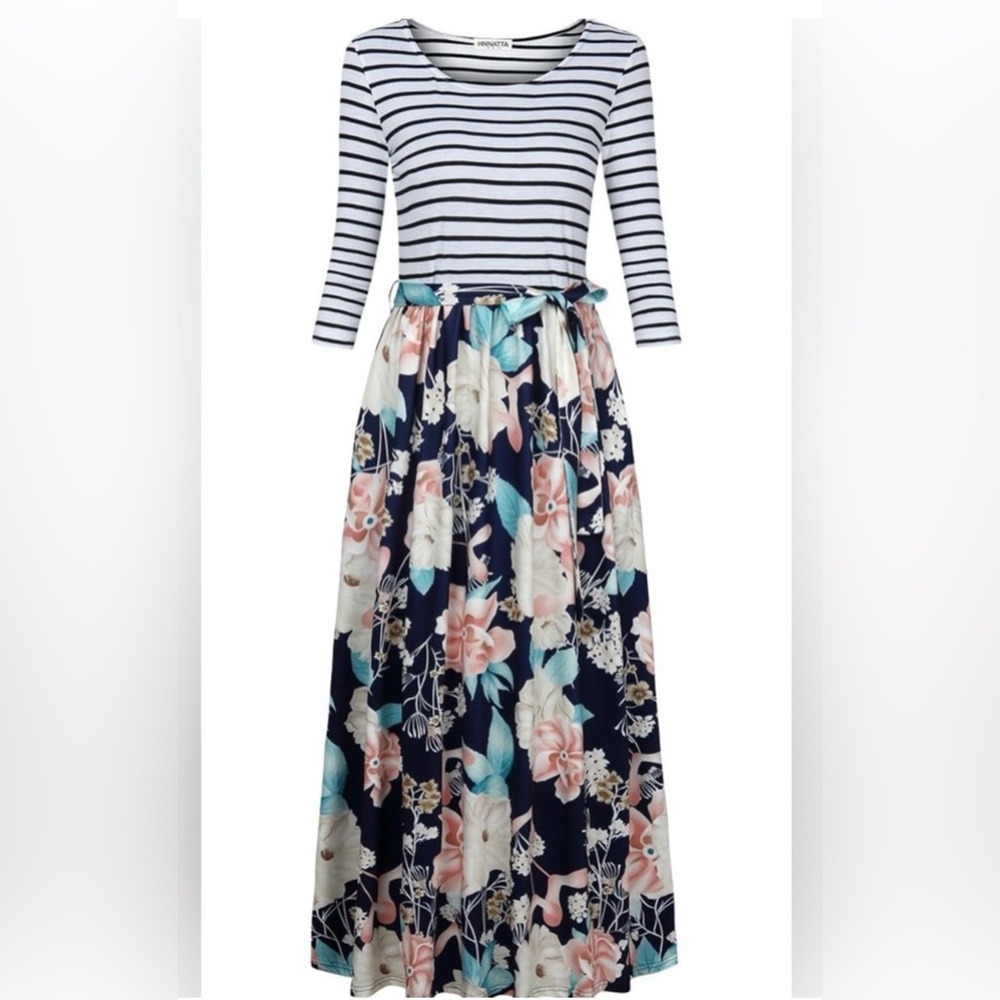 Striped Floral Maxi Dress 3/4 Sleeve with Pockets Navy Size XL